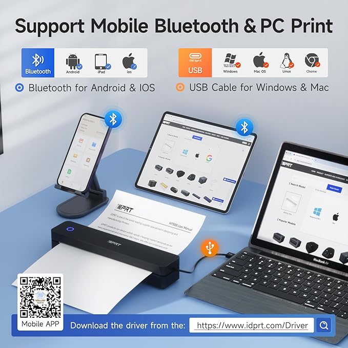 iDPRT Portable Printer Wireless for Travel - 203DPI Bluetooth Mobile Printer Support for 8.5"x11" US Letter, Inkless Compatible with iOS, Android, Laptop for Office, Car and Home, School