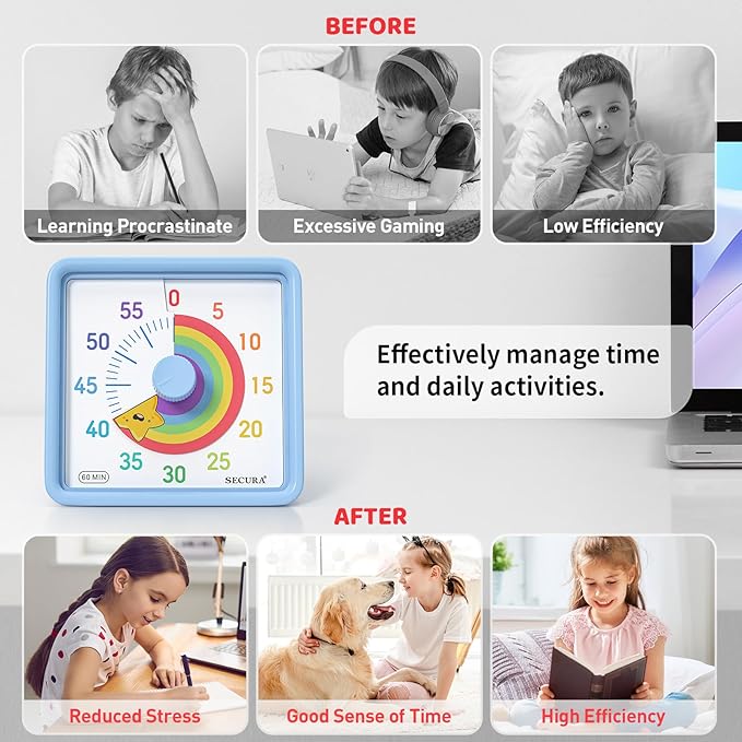 Secura 60-Minute Visual Timer for Kids, Time Clocks, Countdown Timer for Office Kitchen, Classroom Timer for Kids, Silent Time Management Tool (Blue & Star)