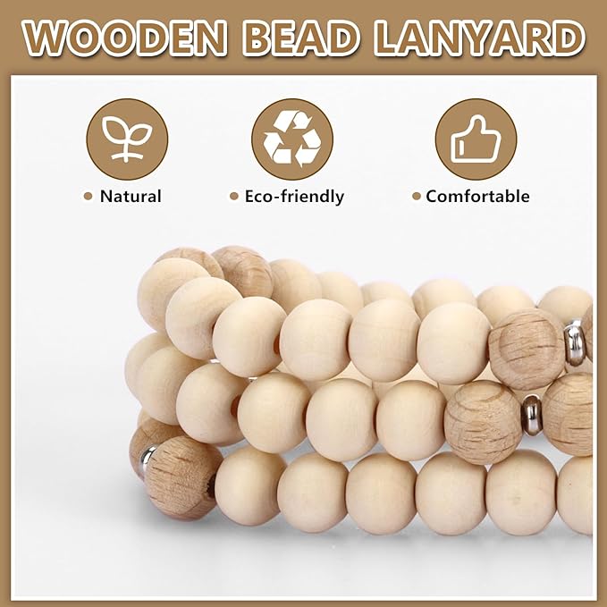 Teacher Lanyard, Cute Lanyards for Id Badges Keys, Retractable Natural Wooden Beaded Lanyard for Women