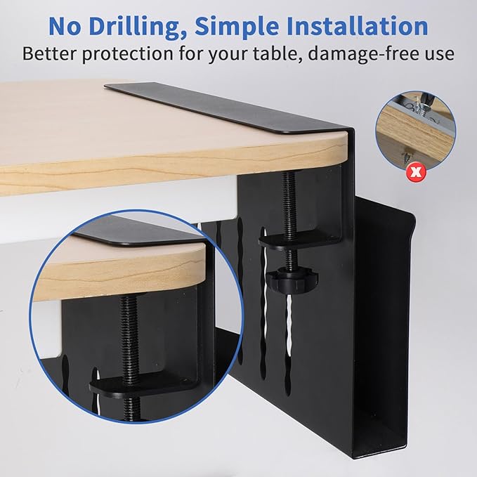 LUKETURE Desk Side Storage, Steel Side Desk Organizer, No Drill Laptop Holder, Clamp on Laptop Mount with Pen Holder, Table Hanging Storage for Home Office, Fits Flat Edge Tables 0.3" to 2.8"