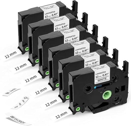 Airmall Compatible with Brother 12mm 0.47 Laminated White Tz Tape Tze Label Maker Tape Refill TZe-231 TZe231 Replace for Brother P Touch D210 D200 D400 1280 1290 1880, Black on White 1/2 Inch, 6-Pack