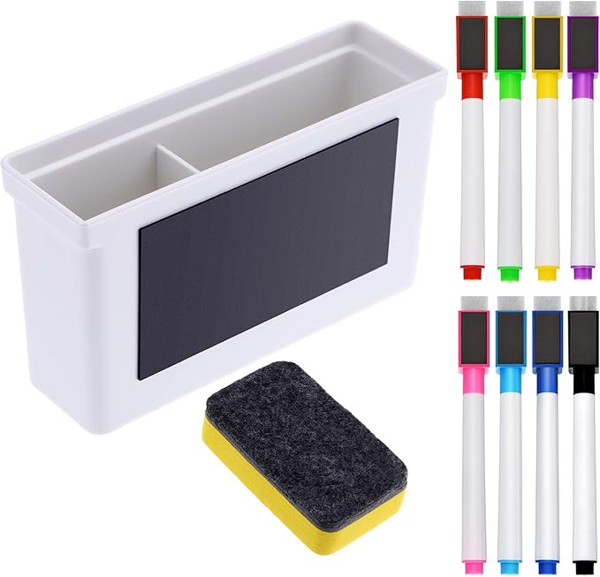 Boao Whiteboard Dry Magnetic Plastic Holder, 8 Pieces Colorful Magnetic Markers with Eraser Cap, Whiteboard Eraser for School Office Home 100th Day of School, 10 Pieces Totally(Stylish)