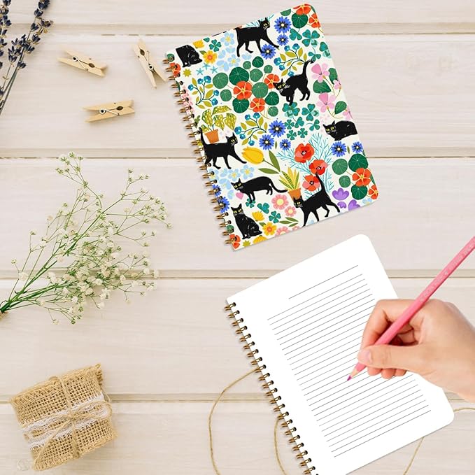 2Pcs Cute Spiral Notebook, Floral Cat College Ruled Spiral Notebook, 160 Pages Hardcover Notebooks Journals for Writing Travel Business Office, Funny Aesthetic Notebooks for Women Cat Garden