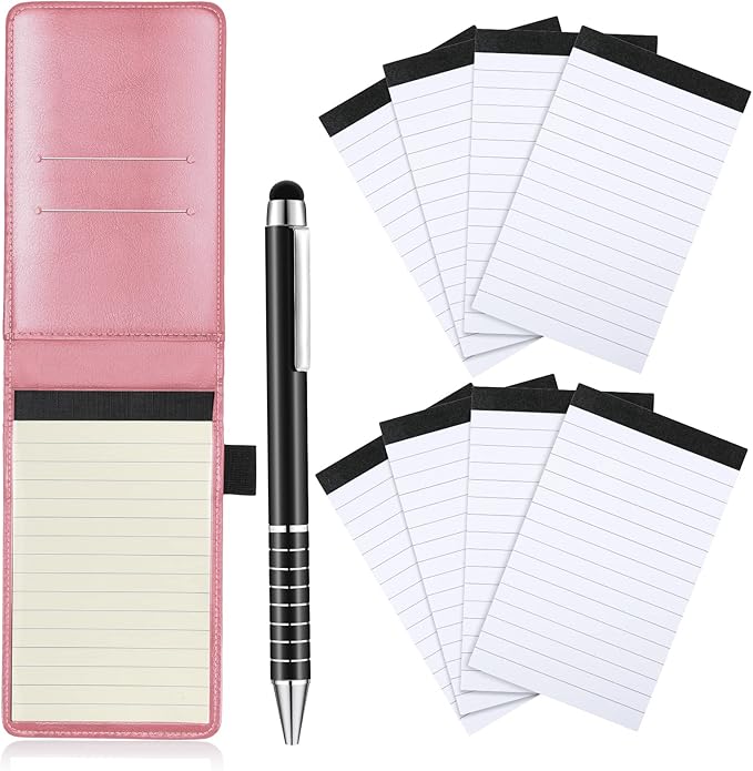 Outus 10 Pcs Pocket Notebook with Pen Set Included Mini Pocket Notepad Holder with 50 Lined Sheets, Metal Pen, 8 Pcs 3 x 5 Inch Memo Book Refills, 30 Lined Paper Per Note Pad (Pink)