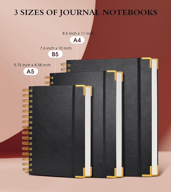 Spiral Notebook Journal 5.75” x 8.38”, 300 Pages Hardcover Leather Lined Journals for Women Men, A5 Small College Ruled Notebooks with 100 GSM Thick Paper, Spiral Journal for Writing Work School,