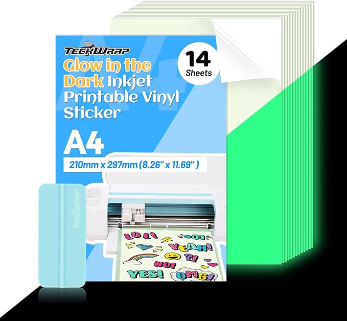 TECKWRAP Printable Vinyl Sticker Paper for Inkjet Printer, Glow in the Dark Vinyl Inkjet Printable Sticker Paper, 8.26" x 11.69" A4 Size for Scrap-booking, Craft Cutters, Home Decor, 14 Sheets/Pack