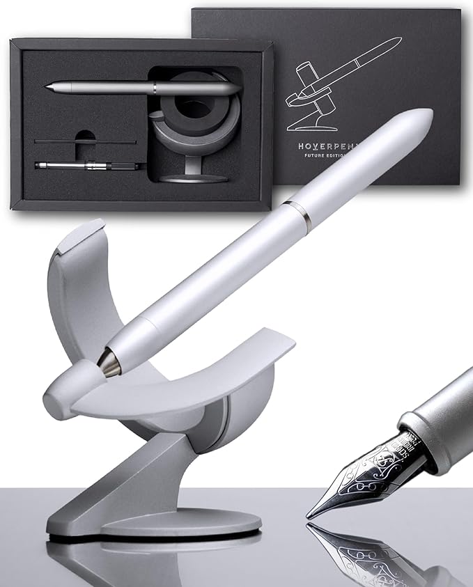 novium Hoverpen Future Edition - Luxury Metal Fountain Pen, Fine Nib, Aerospace Metal, Futuristic Desk Pen, Free Spinning Executive, Signing Pen (Frost Silver)