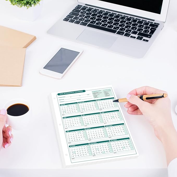 ReliThick 50 PCS 2025 Attendance Calendar Card Stock Paper 2025 Attendance Sheets for 3 Hole Binder Employee Record Folders for Manager, HR, Store Location Managers(Green)