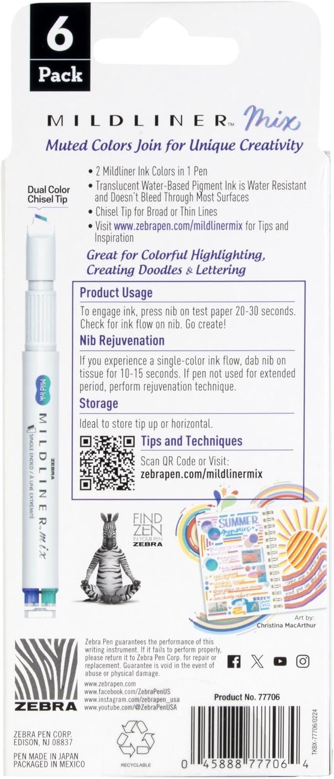 Zebra Pen Mildliner Mix Dual Color Highlighter Marker Set, Chisel Tip, Ideal for Bible Highlighting, No Bleed, Assorted Colors, 6-Pack (77706)
