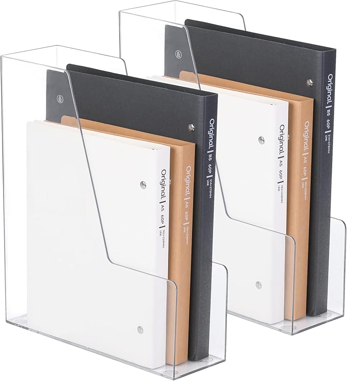 Vertical File Holder, PET Desk Organizer, Multi-purpose Plastic Document Storage Bins for Magazines, Binders, Notebooks, Envelopes, 2 Pack