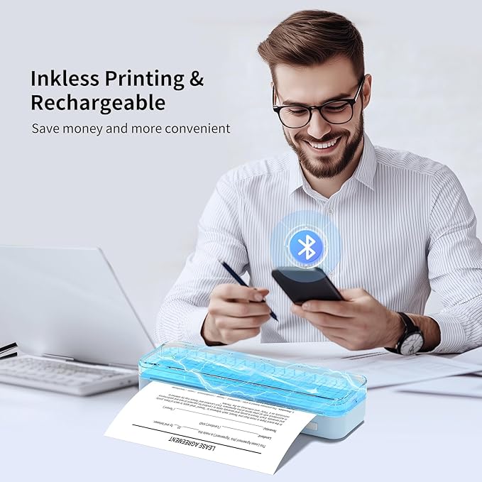 300DPI Portable Printer Wireless for Travel, Inkless Small Bluetooth Printers for Home Use, Compatible with Mobile Phone & Laptop, Support 8.5 x 11 Inch & A4 Thermal Printer Paper, Blue