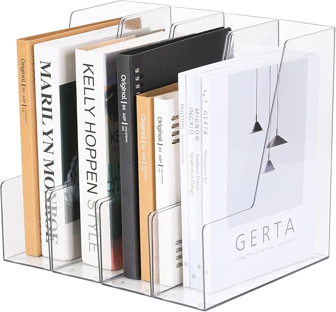 Vertical File Holder, Clear PET Desk Organizer and Storage Bins Holding for Magazines, Binders, Notebooks, Envelopes, Multi-purpose Plastic Document Organizer for Home Office, 4 pack