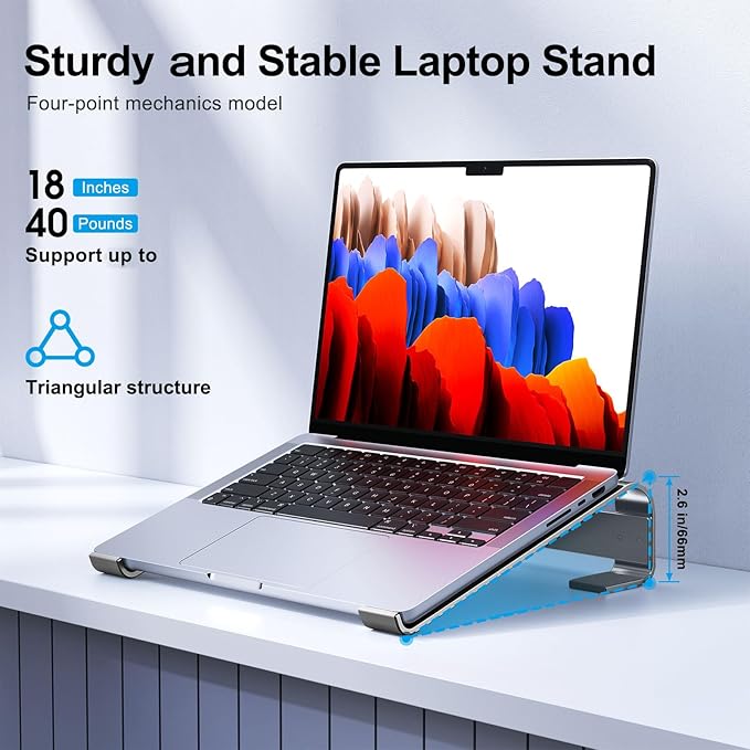 Laptop Stand for Desk, Aluminum Laptop Riser, Ergonomic Computer Stand for Laptop, Laptop Cooling Stand Compatible with for MacBook Pro/Air, Dell, HP, Lenovo, 10-17.3'', Black