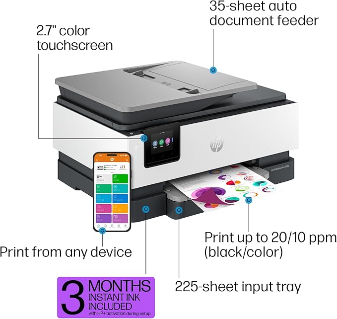 HP OfficeJet Pro 8125e Wireless All-in-One Color Inkjet Printer, Print, scan, Copy, ADF, Duplex Printing, Home & Office, 3 Months of Instant Ink Included (405T6A)