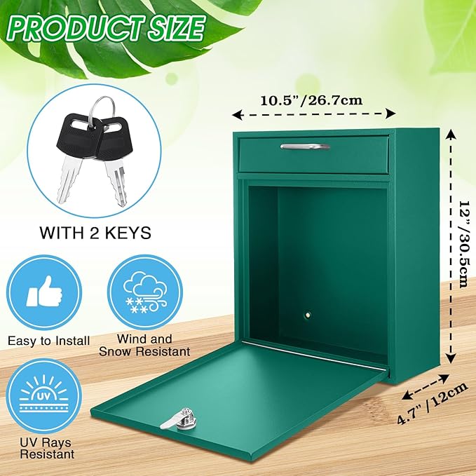 Locking Mailbox with Key for Outdoor 12 x 10.5 x 4.7 Inches Large Wall Mount Mail Box with Lock Security Mail Drop Metal Collection Boxes Hanging Secure Postbox(Green)