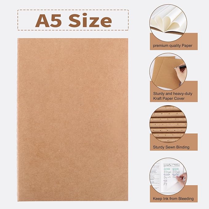 EOOUT 48pcs Kraft Paper Notebooks, Journals for Kids, Blank Paper, 60 Pages, 80GSM, 8.3 X 5.5 Inch, Travel Journal Set, for Travelers, Students and Office Supplies