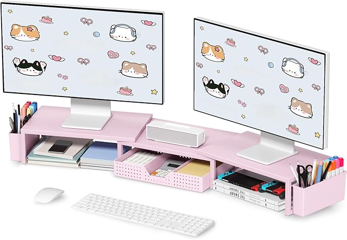Pink Desk Organizers and Accessories for Women, Dual Computer Monitor Stand Riser with Drawer and 2 Pen Holders, Office Desk Accessories, Workspace Desktop Organization for Office Supplies