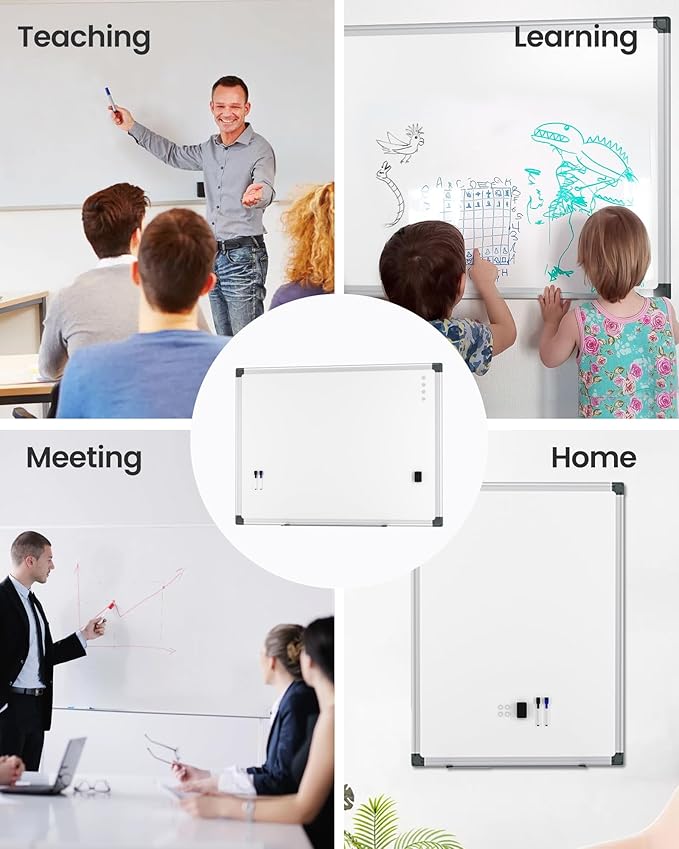VUSIGN 2PCS Magnetic White Board Hanging 36" x 48" for Office, Class, Home, Sliver Aluminum Frame, 2 Dry-Erase Eraser, 4 Multicolor Marker, 8 Magnetic Pins