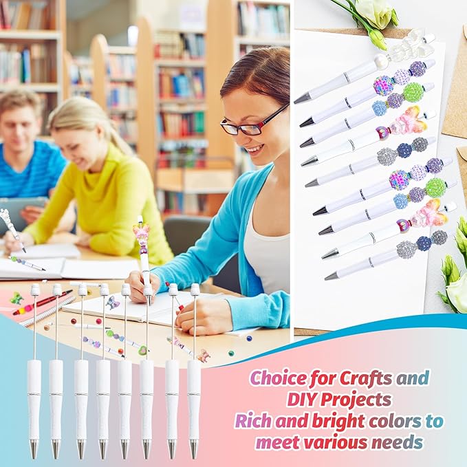 15 Pieces Beadable Pens - Beaded Pens Plastic Diy Black Ink Ballpoint Pens Bulk - Bead Pens Suitable For Teacher, Students, Office, School, Graduation Gift Supplies（White）
