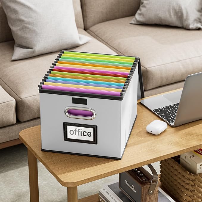 Huolewa Portable Leather File Organizer Boxes with Lids, Office Document Boxes Organizer, Filing Boxes, Decorative Small File Boxes for Hanging Files, File Cabinet for Office/Home - 4 Pack