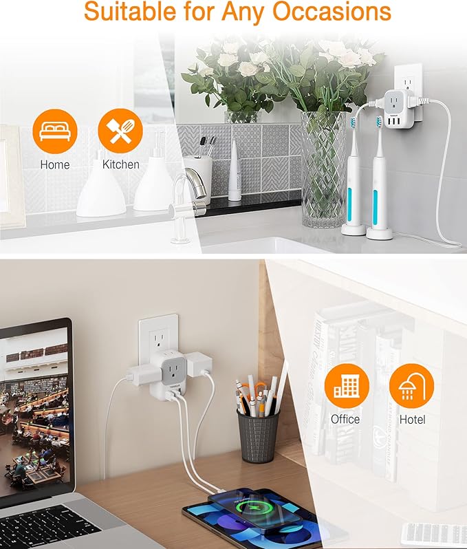 USB Charger Block, TESSAN Wall Plug Adapter with Electrical 4 Box Splitter 3 USB Wall Charger Ports, Multi Plug Outlet Extender Charging for Cruise, Travel, Office, Dorm Essentials