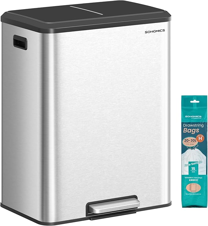 SONGMICS Trash Can, 2 x 8 Gallon (2 x 30 L) Double Garabge Can for Recycling and Waste, Stainless Steel, Soft-Close Lid, Inner Buckets, Wide Sturdy Pedal, Metallic Silver ULTB556E01