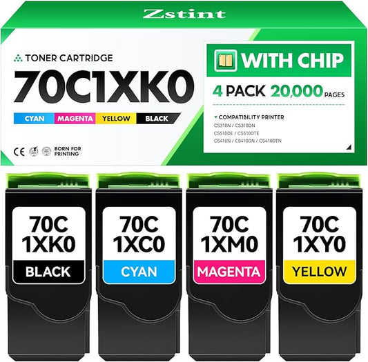 70C1XK0 70C1XC0 70C1XM0 70C1XY0 Toner Cartridge Set 4-Pack Black Cyan Magenta Yellow with chip Replacement Compatible for Lexmark CS310N CS310DN CS510DE CS510DTE CS410N CS410DN CS410DTN Laser Printer