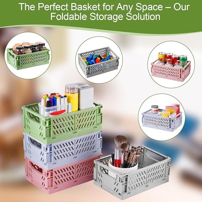 4-Pack Small Pastel Plastic Storage Baskets, Collapsible Crates for Organizing, Space-Saving Mini Bins for Classroom, Kitchen, Office, Bedroom (9.8" x 6.5" x 3.8")