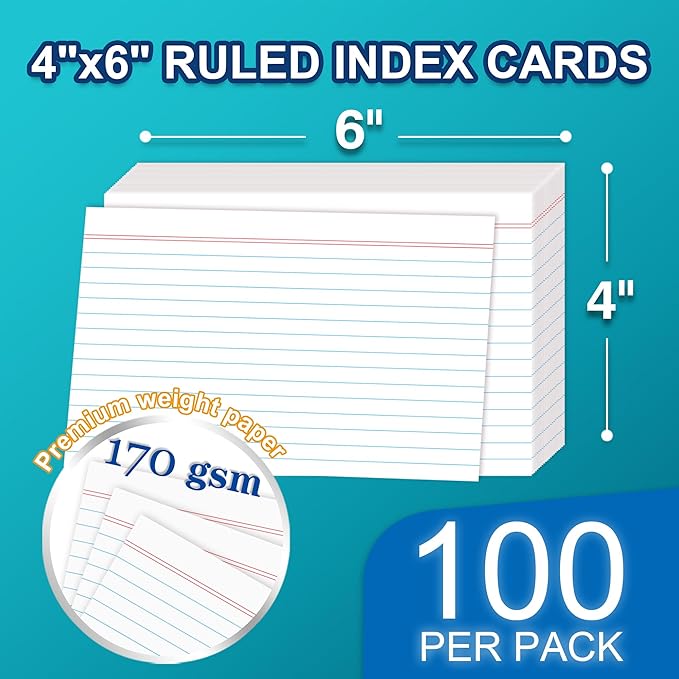 H4D 4x6 Index Card Case with 100 Heavyweight Ruled Index Cards and Dividers, Teal