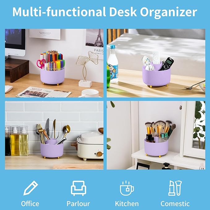 Marbrasse Desk Organizer, 360-Degree Rotating Pen Holder, Desk Organizers and Accessories with 5 Compartments Pencil Organizer, Art Supply Storage Box Caddy for Office, Home(Pink/Purple Random)