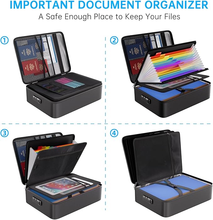 ENGPOW Fireproof File Organizer Bag with 13 Colorful Pockets Accordion File Folder,5200℉ Document Organizer Box with Lock&Labels,Multi-Layer Portable Home Safe Storage for Important Documents,Files