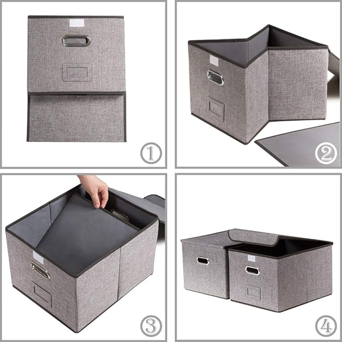 PRANDOM File Organizer Box - Set of 1 Collapsible Decorative Linen Filing Storage Hanging File Folders with Lids Office Cabinet Letter Size (15x12.2x10.75 inch)