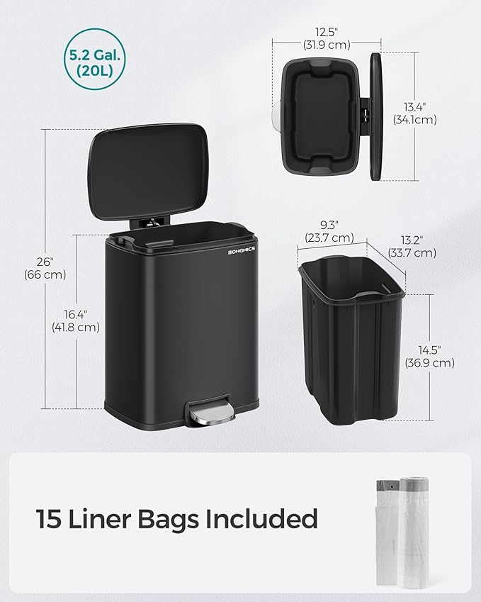 SONGMICS Trash Can, Garbage Can with Lid, 5.2-Gallon (20L) Step Trash Bin for Kitchen, Stainless Steel, Soft Close and Stays Open, Inner Bucket, Includes 15 Trash Bags, Black ULTB543B01