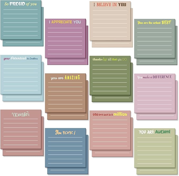 Yinder 24 Pcs Inspirational Sticky Notes with Lines Cute Motivational Sticky Notes Pad Employee Appreciation Gifts Bulk for Teacher Nurse Coworkers Office Supplies 3 x 3''(Morandi Color,Appreciation)