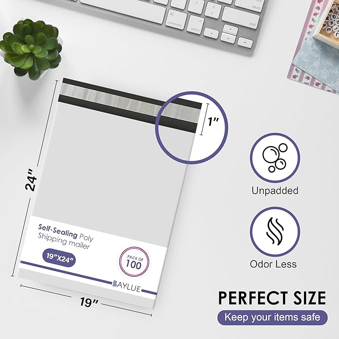 White Large Poly Mailers 19x24 Inch | Strong Adhesive Self-Seal Mailer Bags | Tear, Tamper, Water Resistant Shipping Envelopes | Thick Strong polymailer Bags XL Clothing Shipping Bags | 100 Pcs Bulk