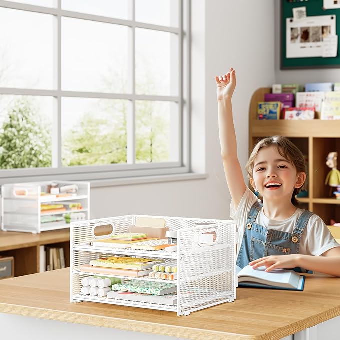 Subekyu 2-Pack 3-Tier White Metal Mesh Desk Paper Letter Tray & File Sorter Organizer with Handle + 1 Sliding Tray for Desk, Home, Office, School Supplies, A4 Paper and Accessories Storage