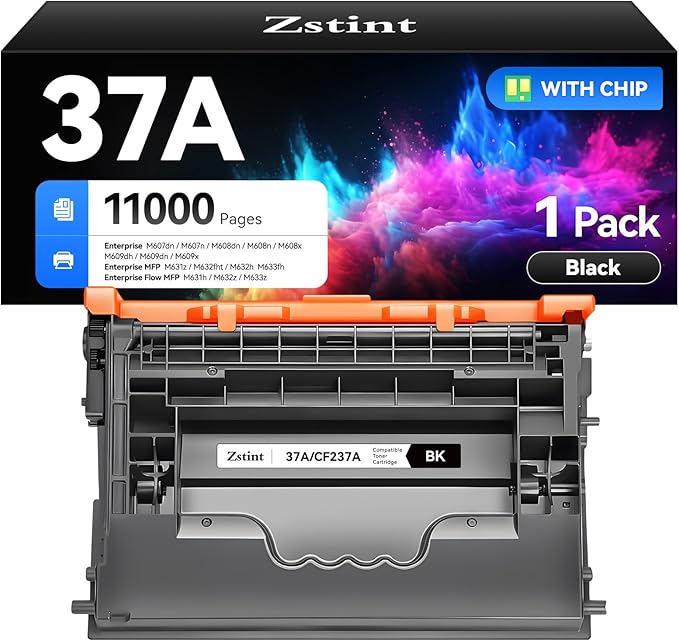 37A Black Toner Cartridge 1-Pack High Yield with Chip Replacement for HP 37A CF237A Toner Cartridges Compatible with HP Laser Jet Enterprise Flow MFP M631h M632z M633z M607dn M608x M609x M632h Printer