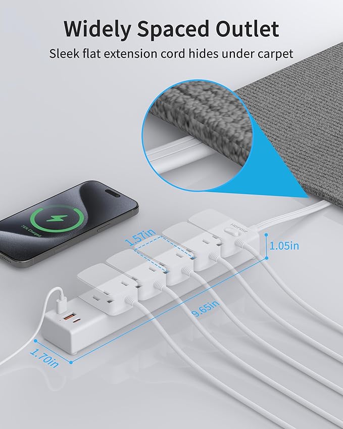 Flat Plug Power Strip, 10 Ft Ultra Thin Flat Extension Cord, Surge Protector with 5 Outlets & 3 USB Ports (2 USB C), 1700 Joules, Wall Mount, Desktop Charging Station for Home Office Dorm, White