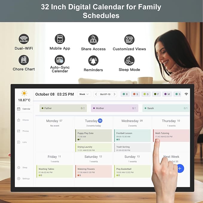 32" Smart Digital Calendar for-Family-Business-Planner - Electronic Calendar for Business Chore Chart, Touchscreen Display for Family Schedules, Auto-Sync Google iCloud Outlook Calendars for Kid Adult