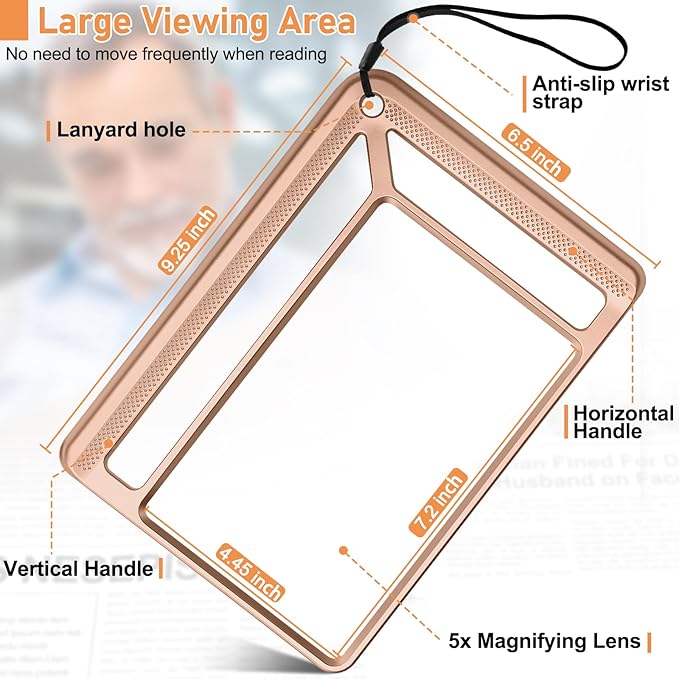 5X Full Page Magnifying Glass for Reading, Lightweight Rectangular Magnifier Provides Large Book Page Viewing Area, Handheld Magnifier for Reading Small Print for Seniors, Low Vision-Rose Gold