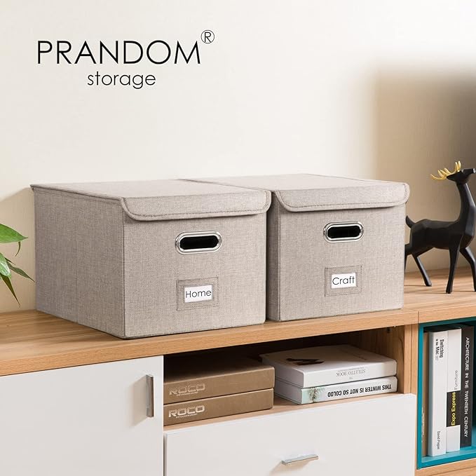 PRANDOM File Organizer Box - Set of 1 Collapsible Decorative Linen Filing Storage Hanging File Folders with Lids Office Cabinet Letter Size Light Grey (15x12.2x10.75 inch)
