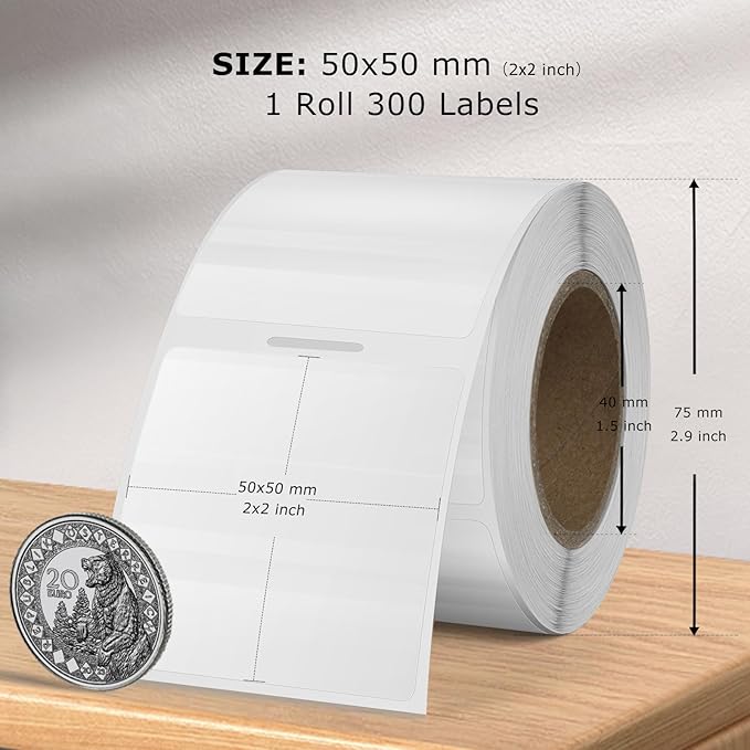 Transparent Thermal Labels 2 x 2 Inch Self-Adhesive Printer Clear Stickers Vinyl Waterproof Roll Decals Rectangle Name Tags for Address Design DIY Logo Business 300 PCS