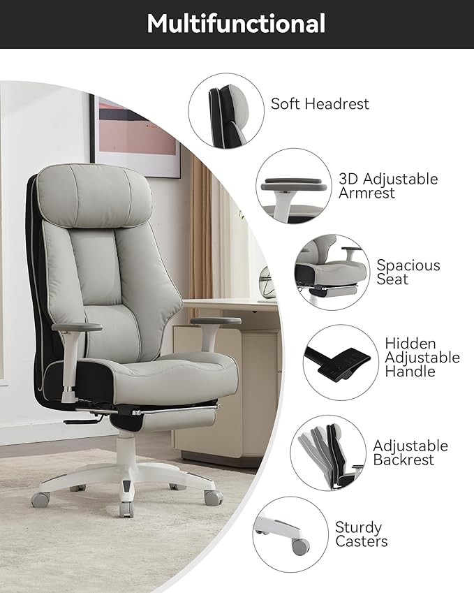 DJ·Wang Big and Tall Office Chair 400lbs with Foot Rest, High Back Executive Office Chair with Extra-Thick Spring Cushion, Ergonomic Leather Chairs Gray