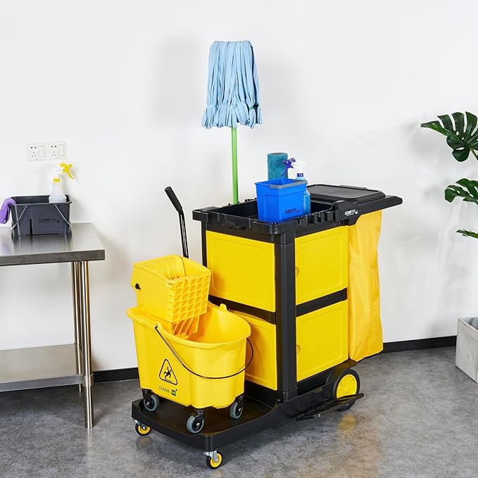 Restaurantware-Clean Tek Professional 3-Shelf Janitor Cart with Wheels, 1 Cleaning Trolley with Cover and 21 Gallon Bag - Includes 1 Double Locking Cabinet, Heavy-Duty, Gray Plastic Janitorial Cart