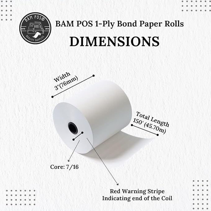 Bright White 3" x 150' 1-Ply Bond Receipt Paper Rolls (12 Rolls)