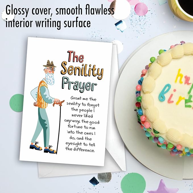 NobleWorks - 1 Funny Happy Birthday Notecard - Old Man Humor Greeting Card with Envelope - Man's Senility Prayer C9348BDG