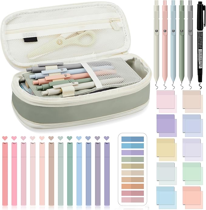 Jutom 39 Pcs Aesthetic Book Annotation Kit Pencil Case Bag with Highlighter Gel Pen 700 Sheets Transparent Sticky Notes Pads Index Tab Bible Study Supplies for School(Green,Cute Style)