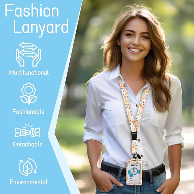 Lanyards for Id Badges, Boho Flowers Rainbows Badge Holder with Retractable Reel Belt Clip, Cute Work Name Tag Lanyard Vertical ID Card Protector Case for Women Nurse Doctor Teacher Student