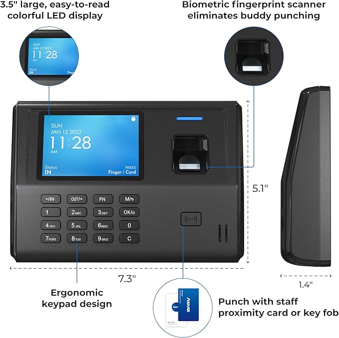 ANVIZ Time Clocks for Small Business Employees - No Monthly Fee No Software Required - Fingerprint Biometric Clock in and Out Machine - Right Out of The Box, Finger + RFID + Pin Punching