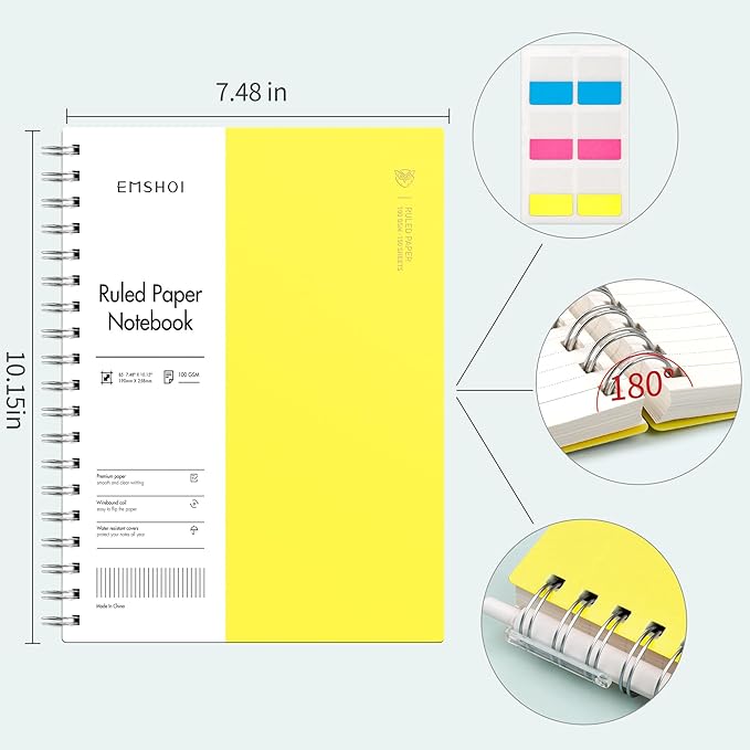 EMSHOI Spiral Notebook, B5 7.48" X 10.15", 300 Pages, Hardcover, 100gsm Thick Lined Journal, for Women Men Work Writing - Yellow
